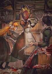 1other 2girls analog_clock apron black_boots blood blood_on_clothes blunt_bangs bookshelf boots clock collared_shirt dante_(limbus_company) dress fire from_behind from_side gloves hair_ribbon high_ponytail highres holding holding_knife holding_towel ishmael_(project_moon) knife laundry limbus_company maid maid_apron maid_headdress multiple_girls neck_ribbon orange_hair ponytail project_moon prosthetic_head ribbon ryoshu_(project_moon) shirt sidelocks sitting standing towel tying_apron white_gloves wuthering_heights_(identity)_(project_moon) yuanbuzhi