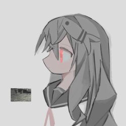 1girl agoshi_sakina closed_mouth expressionless fish_hair_ornament fpwrs grey_background grey_hair grey_sailor_collar hair_between_eyes hair_ornament highres long_hair null-meta photo_inset profile red_eyes sailor_collar simple_background solo upper_body