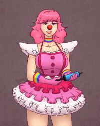 1girl ace_attorney air_pump animated animated_gif armor breast_expansion breasts bursting_breasts buttons capcom choker cleavage clown_girl clown_nose dress female_focus frilled_skirt frills geiru_toneido gloves huge_breasts large_breasts lips looking_at_viewer objection pauldrons phoenix_wright:_ace_attorney_-_spirit_of_justice pink_hair popped_button pressurizedpleasure rainbow short_dress shoulder_armor skirt solo suspenders torn_clothes