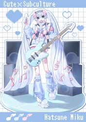 1girl animal_ears apron blue_hair blue_jacket c_ell45 commentary cute_x_subculture_hatsune_miku_design_contest digital_media_player fake_animal_ears fashion faux_figurine flat_chest gradient_hair guitar hairband hatsune_miku highres holding holding_guitar holding_instrument holding_syringe instrument ipod jacket jersey_maid leg_warmers lolita_hairband long_hair maid multicolored_hair musical_note shoes solo speaker symbol-only_commentary syringe tenshi_kaiwai treble_clef twintails unconventional_maid very_long_hair vocaloid white_apron white_hair