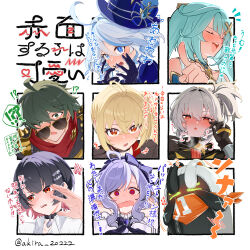1boy 6+girls ahoge black_hair blonde_hair blushing_girls_are_cute_(template) bow character_request double-parted_bangs ellen_joe furina_(genshin_impact) genshin_impact green_hair hair_between_eyes hair_bow highres kiguchi_hikaru looking_at_viewer luciana_de_montefio multiple_drawing_challenge multiple_girls ouji_fashion purple_bow purple_hair red_eyes translation_request white_hair zenless_zone_zero