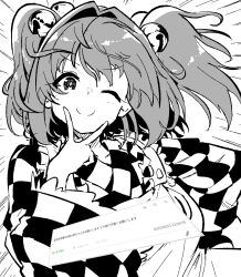 1girl akure_ekuto apron bell closed_mouth hair_bell hair_between_eyes hair_ornament hand_on_own_hip highres japanese_clothes kimono looking_at_viewer medium_hair monochrome motoori_kosuzu one_eye_closed plaid_clothes plaid_kimono request_inset smile solo touhou two_side_up upper_body v