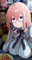 1girl absurdres black_gloves blue_eyes breasts closed_mouth dress_shirt earrings glasses gloves hair_between_eyes highres jewelry large_breasts pink_eyes pink_hair rswifhand shirt sidelocks smile solo tsukishiro_yanagi upper_body white_shirt zenless_zone_zero