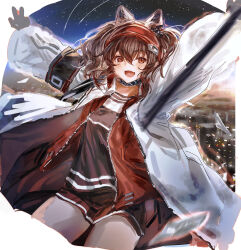 1girl :d angelina_(arknights) animal_ears arknights arms_up black_collar black_gloves black_shorts brown_hair chinese_commentary coat collar commentary_request earpiece floating fox_ears fox_girl gloves hair_between_eyes hairband high_up highres infection_monitor_(arknights) jacket long_hair long_sleeves looking_at_viewer night open_clothes open_coat open_jacket open_mouth partial_commentary red_eyes red_hairband red_jacket shooting_star short_shorts shorts sky smile solo star_(sky) starry_sky striped_clothes striped_hairband twintails two-tone_hairband white_coat zchuan992