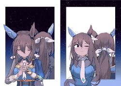 2girls absurdres admire_vega&#039;s_twin_sister_(umamusume) admire_vega_(umamusume) animal_ears blue_eyes bow breasts brown_eyes brown_hair closed_eyes closed_mouth ear_covers hair_between_eyes hair_bow hair_ribbon hama_fazer highres holding horse_ears horse_girl long_hair long_sleeves low_ponytail multiple_girls necktie one_eye_closed ponytail ribbon shirt siblings single_ear_cover smile twintails umamusume upper_body white_necktie