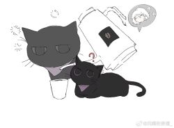 1girl ? ^_^ animal_focus animalization black_cat cat chinese_commentary closed_eyes coffee commentary_request corallo cup flower hair_between_eyes haru_(len&#039;en) head_only highres ichigo_ichie_na_hyakki_yagyou!?_(project_sekai) len&#039;en no_mouth purple_scarf scarf shitodo_hoojiro short_hair simple_background spoken_character squeans teapot watermark weibo_watermark white_background white_flower white_hair