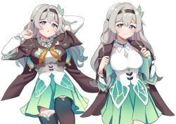 1girl :o absurdres aqua_dress aqua_thighhighs blush breasts cleavage collared_dress cropped_jacket detached_sleeves dress erushira firefly_(honkai:_star_rail) frilled_sleeves frills gradient_eyes gradient_hair green_pupils grey_hair hair_between_eyes hair_intakes hair_ornament hair_tie hairband highres honkai:_star_rail honkai_(series) jacket large_breasts long_hair long_sleeves multicolored_eyes multicolored_hair neckerchief open_clothes open_jacket open_mouth orange_neckerchief simple_background solo thighhighs two-tone_eyes white_background white_sleeves