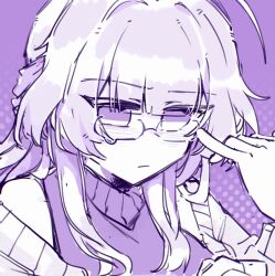 Rule 34 | 1girl, adjusting eyewear, ahoge, bespectacled, bilizinger, breasts, chinese commentary, closed mouth, commentary request, glasses, highres, honkai (series), honkai impact 3rd, light blush, long hair, medium breasts, monochrome, portrait, purple theme, raiden mei, solo, turtleneck
