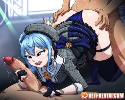 1girl 2boys all_fours ascot ass beret black_choker blue_ascot blue_eyes blue_hair blue_nails blue_panties bracelet breasts choker clothed_female_nude_male clothes_lift clothing_aside commentary crown doggystyle english_commentary fellatio gloves group_sex handjob hat hololive hoshimachi_suisei hoshimachi_suisei_(1st_costume) imminent_fellatio jewelry large_penis licking_lips looking_at_penis medium_breasts mini_crown mmf_threesome motion_lines multiple_boys nude oral panties panties_aside partially_fingerless_gloves penis penis_awe plaid_clothes plaid_shirt plaid_skirt precum reit saliva sex sex_from_behind shirt side_ponytail skirt skirt_lift star_(symbol) star_in_eye symbol_in_eye threesome tongue tongue_out uncensored underwear virtual_youtuber