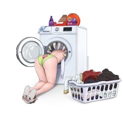 1girl absurdres animal_slippers ass bottle clothes-dissolving_potion detergent dismaiden frieren green_panties heart heart_print highres laundry_basket long_hair panties sharp_teeth simple_background slippers solo sousou_no_frieren teeth tide_(detergent) underwear washing_machine white_background white_hair