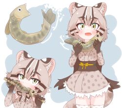 Rule 34 | 1girl, animal, animal ear fluff, animal ear request, animal ears, animal print, back bow, blue background, blush, bow, breasts, brown bow, brown dress, brown gloves, brown hair, brown kimono, brown ribbon, brown sash, brown tail, brown thighhighs, dress, eating, elbow gloves, fang, feet out of frame, fish, gloves, green eyes, hair between eyes, hands up, highres, holding, holding animal, holding fish, holding stick, huge bow, japanese clothes, kemono friends, kimono, leopard print, light brown hair, medium breasts, medium hair, multicolored hair, multiple views, neck ribbon, nyctereutes, obi, obijime, open mouth, polka dot, polka dot gloves, polka dot kimono, print gloves, raised eyebrows, ribbon, sash, simple background, skin fang, standing, stick, straight-on, streaked hair, tail, thigh gap, thighhighs, tsushima leopard cat (kemono friends), two-tone background, upper body, white background, yellow bow