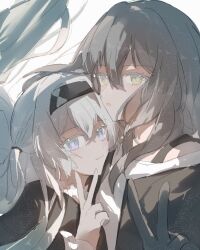 Rule 34 | 2girls, black hairband, black jacket, firefly (honkai: star rail), gradient eyes, green pupils, grey hair, hair between eyes, hair intakes, hair tie, hairband, highres, honkai: star rail, honkai (series), jacket, leaning on person, long hair, minutes (minutes draw), multicolored eyes, multiple girls, open clothes, open jacket, shirt, simple background, stelle (honkai: star rail), trailblazer (honkai: star rail), v, white background, white shirt, yellow eyes