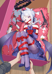 1boy 1girl absurdres ass ball_gag bare_shoulders bdsm black_shirt blue_archive blue_gemstone bondage bound bound_arms bound_legs bound_toes bound_torso box bracelet cleave_gag clenched_hand clenched_hands cloth_gag collarbone demon_horns demon_wings detached_sleeves dildo dress earrings elbow_gloves feet feet_up female_focus flat_chest frilled_dress frills full_body gag gagged gem gift gift_box gloves hair_between_eyes hair_ribbon halo high_heels highres hina_(blue_archive) hina_(dress)_(blue_archive) hitachi_magic_wand holding_another&#039;s_foot horns huge_filesize improvised_bondage improvised_gag indoors jewelry layered_dress legs legs_together loli long_hair long_sleeves looking_ahead looking_at_another looking_to_the_side low_wings multiple_horns necklace official_alternate_costume official_alternate_hairstyle panties pantyhose pearl_(gemstone) pearl_bracelet pearl_choker pearl_necklace pendant presenting purple_dress purple_gloves purple_hair purple_halo purple_panties purple_pantyhose ribbon ribbon_bondage sex_toy shibari shibari_over_clothes shirt sidelocks single_sidelock skin_tight skindentation sleeves_rolled_up strapless strapless_dress swept_bangs swept_hair t_zhonglang thighs underwear upskirt vibrator whip white_hair wings wooden_floor wrists_tied_together
