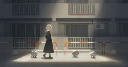 1girl absurdres ankle_boots balcony black_boots black_coat boots building coat condenser_unit expressionless fence from_side highres hood hood_down iron_fence laluna long_coat long_sleeves looking_at_object original outdoors shadow short_hair sidelocks socks solo sunlight walking white_hair white_socks wide_shot window