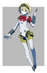1girl aigis_(persona) blonde_hair blue_eyes border breasts closed_mouth full_body grey_background neck_ribbon nodoka906 persona persona_3 red_ribbon ribbon robot_girl solo white_border