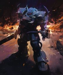 Rule 34 | absurdres, commentary, damaged, english commentary, gouf custom, gundam, gundam 08th ms team, highres, holding, holding sword, holding weapon, icemarv14, looking at viewer, mecha, mecha focus, mobile suit, no humans, one-eyed, photo-referenced, red eyes, robot, science fiction, shoulder spikes, solo, spikes, standing, sword, weapon, zeon