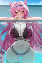 1girl against_glass animal_ear_fluff animal_ears arm_rest bikini blush breast_press breasts breasts_on_glass cat_o-ring cleavage double-parted_bangs fang fingernails glass_wall glass_writing groin hair_intakes hair_over_breasts hashtag-only_commentary highres hololive hololive_english holonatsu_paradise huge_breasts layered_bikini leopard_print_bikini lips long_hair looking_at_viewer messy_hair multi-strapped_bikini_bottom multicolored_hair navel o-ring o-ring_thigh_strap official_alternate_costume open_mouth panther_ears panther_girl panther_tail partially_submerged partially_underwater_shot pink_bikini pink_hair pink_nails pool raora_panthera raora_panthera_(holonatsu_paradise) round_eyewear sidelocks smile solo stomach streaked_hair sunglasses swimsuit tail thick_thighs thigh_gap thigh_strap thighs virtual_youtuber water white_hair yellow_eyes yobi_(ybpac18)