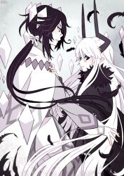 1boy 1girl aryll_(marbles) black_feathers black_hair cape demon_girl demon_horns etihw_(funamusea) feathers fingernails funamusea haiiro_teien horns kcalb_(funamusea) long_hair looking_at_another low-tied_long_hair pointy_ears sharp_fingernails very_long_hair white_cape white_hair