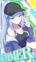 1girl absurdres baseball_cap black_hat black_one-piece_swimsuit breasts cleavage clover_print collarbone covered_navel english_text girls&#039;_frontline girls&#039;_frontline_2:_exilium green_eyes hair_ornament hat highleg highleg_one-piece_swimsuit highres hk416_(girls&#039;_frontline) jacket klukai_(girls&#039;_frontline_2) large_breasts long_hair one-piece_swimsuit open_clothes open_jacket outline ponytail purple_jacket smile solo summer swimsuit swimsuit_under_clothes teardrop_facial_mark uchikata_takeaki w white_outline