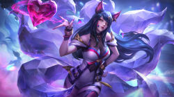 1girl absurdres ahri_(league_of_legends) animal_ears bare_shoulders black_hair bracelet breasts cleavage clothing_request crystal_tail diffraction_spikes eyeshadow facial_mark fingernails floating_gem fox_ears fox_girl fox_tail gem hair_ornament hand_on_own_hip hand_up headset heart heart-shaped_gem heart_necklace highres idol jewelry k/da_(league_of_legends) k/da_ahri_(ahri-versary) large_breasts league_of_legends long_fingernails long_hair looking_at_viewer magic makeup microphone multiple_tails nail_polish necklace official_alternate_costume official_art parted_lips pink_nails sharp_fingernails smoke solo sparkle stadium stadium_lights standing swept_bangs tail thighhighs whisker_markings yellow_eyes
