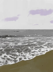 Rule 34 | absurdres, beach, cloud, cloudy sky, dawn, highres, horizon, morning, no humans, original, painting (medium), scenery, shore, sky, slow d, traditional media, water, waves, white sky