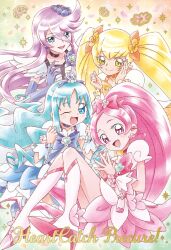 4girls aqua_hair artist_request asymmetrical_bangs beads black_choker blonde_hair blue_bow blue_bowtie blue_eyes blue_flower blue_ribbon blue_skirt blue_wrist_cuffs boots bottle bow bowtie brooch choker closed_mouth collarbone colorful_background copyright_name cure_blossom cure_marine cure_moonlight cure_sunshine dress dress_flower earrings elbow_gloves eyelashes flower flower_brooch flower_earrings flower_skirt footwear_flower forehead frilled_wrist_cuffs frills full_body gloves green_brooch hair_beads hair_between_eyes hair_bow hair_flower hair_ornament hair_ribbon hanasaki_tsubomi hand_on_own_cheek hand_on_own_face happy heart heart_brooch heart_hair_ornament heartcatch_precure! high_heel_boots high_heels high_ponytail jewelry knee_boots kurumi_erika light_blush long_hair magical_girl miniskirt multiple_girls myoudouin_itsuki official_art one_eye_closed open_mouth orange_bow orange_wrist_cuffs own_hands_together pink_bag pink_bow pink_bowtie pink_eyes pink_flower pink_hair pink_skirt pink_wrist_cuffs ponytail precure puffy_short_sleeves puffy_sleeves purple_flower purple_gloves purple_hair purple_rose ribbon rose short_dress short_sleeves skirt smile sparkle swept_bangs tareme third-party_source tsukikage_yuri twintails very_long_hair waist_bag wavy_hair white_boots white_dress white_flower wrist_cuffs yellow_eyes yellow_flower