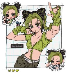 1girl :o arm_warmers black_arm_warmers black_border black_hair blush border bug bun_with_braided_base butterfly cargo_pants character_name chibi chibi_inset cone_hair_bun cowboy_shot cropped_jacket double_bun dynamic_pose english_text frilled_jacket frilled_sleeves frills fu_r_y green_arm_warmers green_eyes green_hair green_jacket green_lips green_shirt grid_background hair_between_eyes hair_bun hand_on_own_cheek hand_on_own_face heart highres insect jacket jojo_no_kimyou_na_bouken kuujou_jolyne midriff multicolored_hair navel one_eye_closed outline pants pointing pointing_at_self pointing_up shirt single_arm_warmer star_(symbol) star_on_cheek sticker stone_ocean striped_arm_warmers striped_clothes striped_shirt tied_jacket two-tone_hair white_border white_outline white_shirt