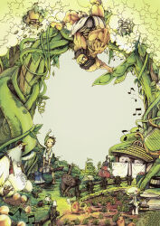 &gt;_&lt; 1girl 2boys 2others axe bag basket bed_sheet bird bird_nest black_eyes blush brown_facial_hair brown_hair brown_pants brown_shoes carrot castle chicken clawed_feet cloud coin commentary_request dress duck egg facial_hair falling fence from_behind frown garden giant grass green_hat grey_background hat highres holding holding_axe jack_(fairy_tale) jack_and_the_beanstalk laundry_pole looking_down looking_up moss multiple_boys multiple_others muscular muscular_male musical_note pants pea_pod plant red_dress red_vest rock rooster rooster_comb shirt shoes sign simple_background toga tomohito vest vines white_shirt
