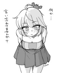 1girl animal animal_on_head arms_behind_back bandaid bandaid_on_head bikini breasts commentary_request cowboy_shot crab_on_head greyscale highres kantai_collection medium_breasts monochrome oboro_(kancolle) oboro_(swimsuit)_(kancolle) on_head pleated_skirt short_hair skirt solo striped_bikini striped_clothes swimsuit tatahai translation_request
