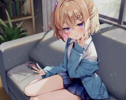 1girl blue_jacket blue_skirt blush bow brown_hair collared_shirt commentary_request couch hair_between_eyes hair_bow hair_ornament hairclip hand_up indoors jacket kinokomushi lap_pillow_invitation long_sleeves looking_at_viewer mimikaki multicolored_hair necktie off_shoulder on_couch open_clothes open_jacket original parted_lips pink_hair plaid_clothes plaid_skirt pleated_skirt puffy_long_sleeves puffy_sleeves purple_bow purple_eyes red_necktie shirt skirt sleeves_past_wrists solo two-tone_hair white_shirt window wooden_floor