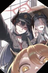 +_+ 3girls absurdres black_choker black_hair black_hat black_necktie black_shirt black_skirt blonde_hair blue_archive breasts chiaki_(blue_archive) chojja choker cleavage closed_eyes demon_girl demon_horns grey_hair grin hair_between_eyes hair_over_one_eye hat highres horns ibuki_(blue_archive) long_hair makoto_(blue_archive) multiple_girls necktie one_eye_closed open_mouth peaked_cap pointy_ears red_eyes red_necktie shirt sidelocks skirt smile white_shirt yellow_eyes