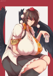 1girl armband bird_wings black_skirt black_wings border breasts can cleavage collared_shirt covered_erect_nipples dated double-parted_bangs drink_can elun_(meido) feathered_wings feet_out_of_frame frilled_skirt frills geta hat highres holding holding_can huge_breasts leaf_print looking_at_viewer parted_lips partially_unbuttoned pointy_ears pom_pom_(clothes) red_border red_eyes red_hat shameimaru_aya shirt short_hair simple_background skirt solo tengu tengu-geta tokin_hat touhou white_background white_shirt wings yellow_armband
