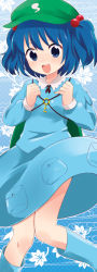 1girl :d bad_id bad_pixiv_id blue_eyes blue_hair boots female_focus hair_bobbles hair_ornament hat ica kawashiro_nitori matching_hair/eyes open_mouth rubber_boots short_hair smile solo touhou twintails two_side_up