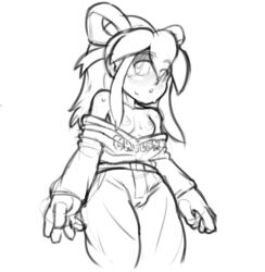 Rule 34 | 1girl, alternate costume, arms at sides, bare shoulders, blush, breasts, cameltoe, clothes writing, collarbone, cropped legs, female focus, greyscale, hair between eyes, hair ribbon, half-closed eyes, long hair, long sleeves, looking to the side, mega man (classic), monochrome, navel, nipples, nose blush, off shoulder, open mouth, pants, ponytail, ribbon, rockthebull, roll (mega man), shirt, sidelocks, simple background, sketch, small breasts, solo, standing, sweat, white background, x-ray