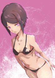 1girl alternate_costume bare_arms bare_legs bare_shoulders bare_stomach bikini black_bikini black_hair black_top breasts cleavage collarbone danganronpa:_trigger_happy_havoc danganronpa_(series) eyebrows_hidden_by_hair haowei_wu highres ikusaba_mukuro looking_at_viewer medium_hair multicolored_background navel open_mouth pale_skin pink_background pink_eyes pink_lips simple_background skinny small_breasts swimsuit white_background wolf_head