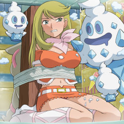 1girl bandana bdsm blonde_hair blue_eyes bondage boots bound breasts creatures_(company) game_freak gen_5_pokemon kneeling large_breasts linda_(pokemon) long_hair navel nintendo panties pantyshot pink_bandana pokemoa pokemon pokemon_(anime) pokemon_(creature) pokemon_bw_(anime) scarf skirt timburr underwear upskirt vanillish vanillite
