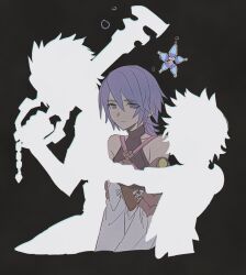 1girl 2boys aqua_(kingdom_hearts) armor black_background blue_eyes blue_hair bubble chest_strap closed_mouth detached_sleeves highres keyblade kingdom_hearts kingdom_hearts_birth_by_sleep multiple_boys over_shoulder sad short_hair silhouette sleeveless sleeveless_turtleneck spiked_hair terra_(kingdom_hearts) tsuba_258 turtleneck ventus_(kingdom_hearts) weapon weapon_over_shoulder