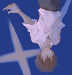 1boy blue_background blue_eyes brown_hair darkwave911 falling highres looking_at_viewer mamiya_takuji open_mouth shirt short_hair smile solo tsui_no_sora upside-down white_shirt
