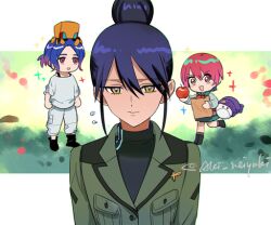 Rule 34 | 1boy, 2girls, aki (neyuki41028), amate yuzuriha, apple, aqua eyes, blue hair, collared shirt, colored inner hair, conch (gundam), deformed, food, fruit, gundam, gundam gquuuuuux, hair bun, holding, holding food, holding fruit, jacket, long sleeves, military jacket, military uniform, multicolored hair, multiple girls, necktie, non-humanoid robot, nyaan (gundam gquuuuuux), open mouth, pants, purple hair, red eyes, red hair, robot, school uniform, shirt, short hair, shuji ito, single hair bun, skirt, smile, sweater, two-tone hair, updo, yellow eyes
