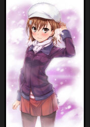 1girl arm_up artist_name blush brown_eyes brown_hair brown_pantyhose closed_mouth cowboy_shot daisy fingernails flower hair_between_eyes hair_flower hair_ornament hat isshi_pyuma jacket long_sleeves looking_at_viewer misaka_mikoto pantyhose pleated_skirt purple_background purple_jacket red_skirt revision scarf skirt solo standing toaru_kagaku_no_railgun toaru_majutsu_no_index twitter_username two-tone_background v-shaped_eyebrows white_background white_flower white_hat white_scarf