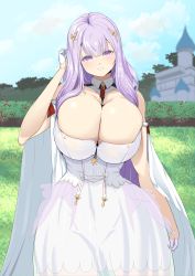 1girl amidori azur_lane bare_shoulders between_breasts blunt_bangs blush breasts castle cleavage_cutout clothing_cutout collared_shirt detached_sleeves dress gloves half_gloves highres huge_breasts light_purple_hair long_hair looking_at_viewer necktie necktie_between_breasts outdoors plymouth_(azur_lane) purple_eyes rose_bush see-through_clothes see-through_dress shirt solo white_gloves