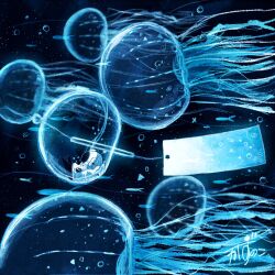 1other absurdres air_bubble animal_focus arms_behind_head artist_name astronaut bubble commentary disguise fish flying_fish head_rest helmet highres jellyfish kazunoko_(kazunoko_zunoco) lying on_back original radio_antenna signature space space_helmet spacesuit star_(sky) tentacles wind_chime wind_chime_focus