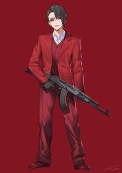 1boy absurdres akm assault_rifle black_gloves blazer brown_eyes brown_hair collared_shirt detonator_(esports) dot_nose formal_clothes full_body gloves go_tsukishima gun highres holding holding_gun holding_weapon invisible_floor jacket kalashnikov_rifle looking_at_viewer nemoto_yuuma open_mouth pants red_footwear red_pants red_suit red_vest rifle shirt short_hair simple_background smile solo standing suit tongue vest weapon white_shirt