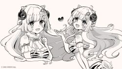 Rule 34 | 1girl, :d, animal ears, animal print, bare shoulders, blush, breasts, brown background, cropped torso, hair ornament, hand up, heart, highres, hololive, horns, index finger raised, lightning bolt, lightning bolt hair ornament, lightning bolt symbol, long hair, medium breasts, monochrome, official art, open mouth, rino cnc, sheep ears, sheep girl, sheep horns, simple background, smile, tiger print, tsunomaki watame, upper body, very long hair, virtual youtuber