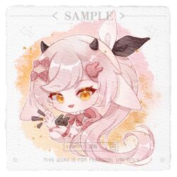 animal animal_ears black_bow black_horns border bow bowtie chinese_commentary collared_shirt commentary_request commission cow_ears cow_girl cow_horns eyelashes frilled_shirt_collar frills hair_bow happy high_collar highres holding holding_animal horns jacket lanmeier light_blush long_hair long_sleeves multiple_hair_bows notice_lines open_clothes open_jacket open_mouth original outline painting_(medium) pink_bow pink_hair pink_jacket puffy_long_sleeves puffy_sleeves rabbit red_bow red_bowtie sample_watermark shirt sleeve_bow sleeves_past_wrists small_horns smile sparkle swept_bangs traditional_media tsurime two-tone_bow very_long_hair watercolor_(medium) watermark white_border white_bow white_outline white_shirt white_sleeves yellow_eyes