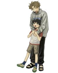 2boys :d ^_^ affectionate age_difference aged_down black_hair black_pants blue_socks blush brothers brown_eyes brown_hair brown_shorts child closed_eyes commentary_request futsuu_no_keion-bu grey_hoodie happy height_difference highres hood hoodie hug hug_from_behind long_sleeves male_focus multiple_boys open_mouth pants red_shirt sandals shirt shoes short_hair short_sleeves shorts siblings simple_background smile sneakers socks t-shirt takami_kouki takami_ryuki v-shaped_eyebrows white_background white_shirt zz_5mm