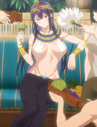 2boys 2girls absurdres anime_screenshot arm_rest armlet bracer breasts breasts_apart chalice closed_mouth colored_inner_hair couch cup gold_choker haite_kudasai_takamine-san headdress highres holding holding_cup jewelry large_breasts long_hair looking_at_viewer multicolored_hair multiple_boys multiple_girls navel neck_ring purple_hair sitting smile solo_focus stitched takamine_takane third-party_edit very_long_hair