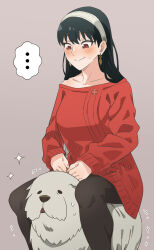 Rule 34 | ..., 1girl, black hair, black pantyhose, blush, bond (spy x family), brown background, closed mouth, collarbone, dog, dress, hairband, heavy, highres, long hair, long sleeves, off-shoulder sweater, off shoulder, pantyhose, red eyes, riding, riding animal, simple background, smile, solo, sparkle, split mouth, spoken ellipsis, spy x family, sweat, sweater, sweater dress, trembling, white hairband, yghm, yor briar