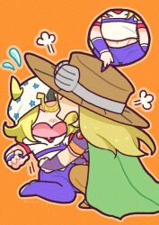 2boys adjusting_clothes adjusting_pants beanie blonde_hair bridal_gauntlets brown_hat brown_pants cape chibi commentary_request cowboy_hat flying_sweatdrops goggles goggles_on_headwear gold_teeth green_cape gyro_zeppeli hat highres hood hoodie horseshoe horseshoe_hat_ornament johnny_joestar jojo_no_kimyou_na_bouken long_hair m_a_a_m_8 male_focus medium_hair multiple_boys navel no_eyes open_mouth orange_background orange_sleeves pants puff_of_air purple_bridal_gauntlets purple_pants purple_shirt purple_sleeves red_sleeves shirt short_sleeves squatting star_(symbol) star_print steel_ball_run surprised two-tone_sleeves white_hat white_hoodie white_sleeves wristband