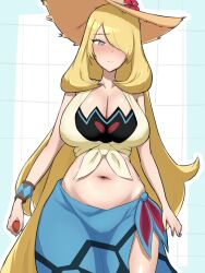 1girl absurdly_long_hair absurdres bikini bikini_under_clothes blonde_hair blue_sarong blush breasts cercis_seiso cleavage closed_mouth commentary_request cowboy_shot crop_top curvy cynthia_(pokemon) cynthia_(summer_2025)_(pokemon) flower grey_eyes hair_over_one_eye hat hat_flower highres holding holding_poke_ball large_breasts long_hair looking_at_viewer navel nintendo poke_ball poke_ball_(basic) pokemon pokemon_masters_ex sarong shirt simple_background solo stomach sun_hat swimsuit thick_thighs thighs tied_shirt very_long_hair wide_hips